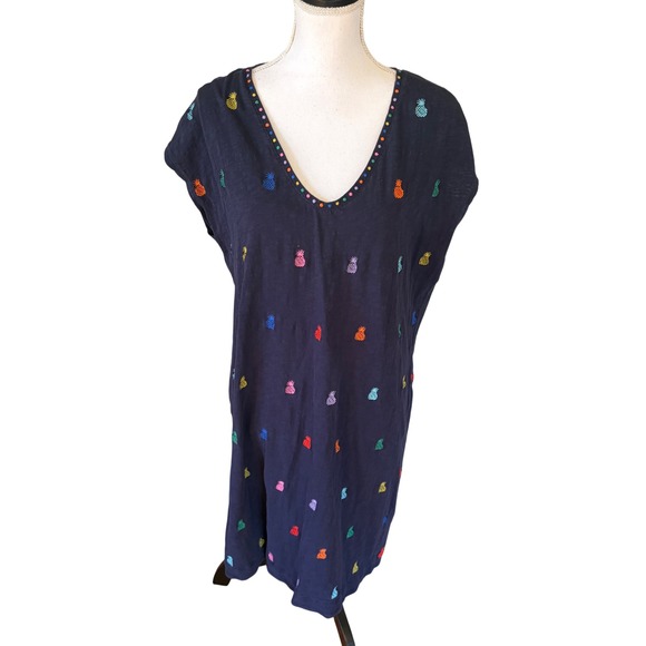 Boden Dresses & Skirts - Boden Navy Blue Rainbow Pineapple Embroidered Cotton V-Neck Shift‎ Dress Sz 14L